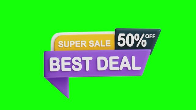 3D Greenscreen 
Video Animation Best Deal 50% off, this vibrant purple banner with white text is perfect for advertising best deals.