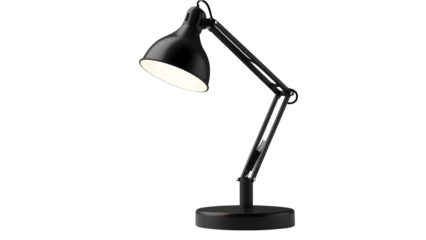 Sleek black table lamp isolated on a transparent background, PNG 