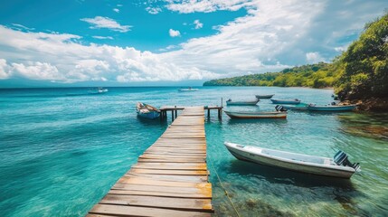 Obraz premium A tranquil seaside view showcasing a clean, clear ocean with boats docked along a small wooden pier.