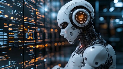 Fototapeta premium A humanoid robot analyzes code on a screen