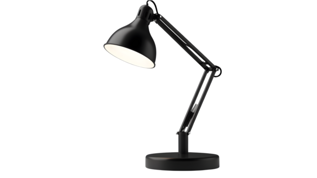 Sleek black table lamp isolated on a transparent background, PNG 