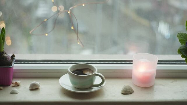 Cozy morning with coffee and home decorations