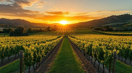 A vibrant sunset over rolling hills, casting golden light on rows of grapevines in a picturesque vineyard.