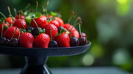 A beautiful fruit platter with strawberries, cherries, and raspberries on an elegant black cake stand, close-up, professional photography, studio lighting