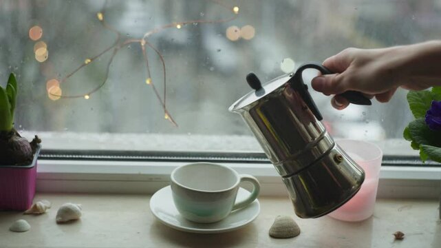 Cozy morning with coffee and home decorations