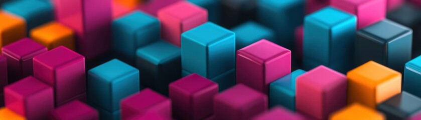 Obraz premium A vibrant arrangement of colorful cubes in teal, magenta, and orange, creating an abstract and dynamic visual effect.