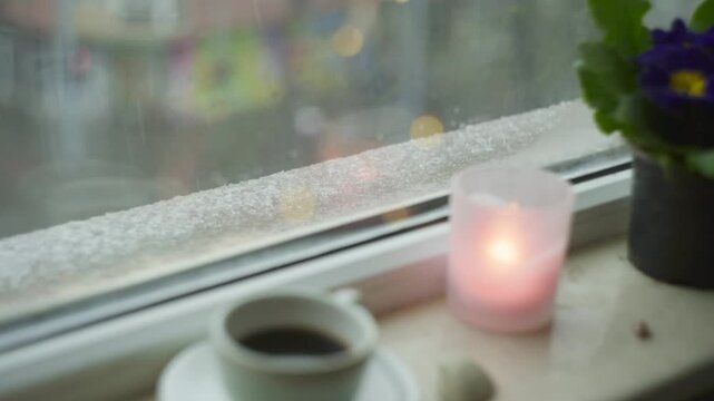 Cozy morning with coffee and home decorations