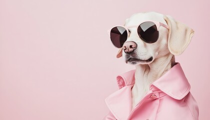 A high-fashion dog dressed in a pink trench coat and oversized sunglasses, showcasing a glamorous take on pet fashion.
