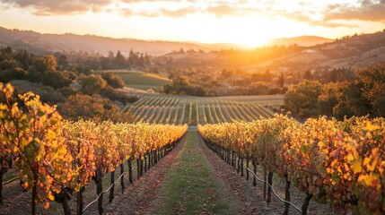 Vineyard at sunset with rolling hills in the background.