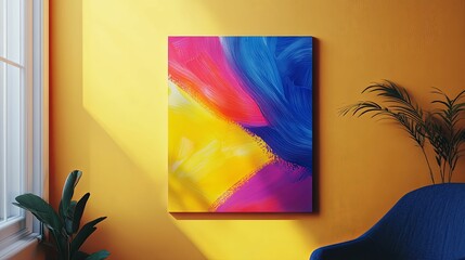 Abstract Artwork Hanging on a Yellow Wall with a Blue Chair and Plants