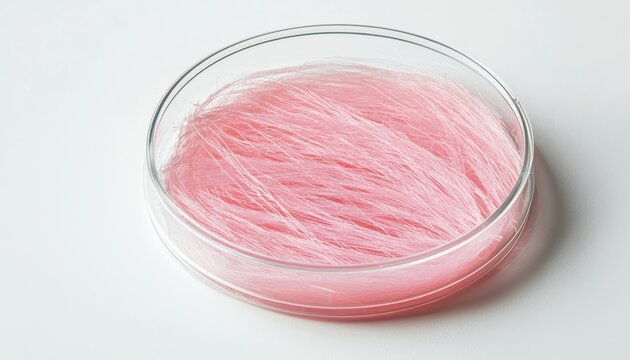 A petri dish containing lab-cultured meat fibers, representing cutting-edge innovation in alternative protein development.