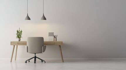 Simple and elegant 3D office space with a plush chair, wooden desk, and warm lighting, on a clean white background for a clear view