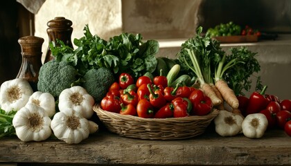 A rustic kitchen table with a variety of vegetables, creating a fresh and healthy vibe.