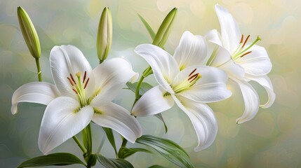 Fototapeta premium A serene scene of white lilies in bloom, with subtle highlights and shadows capturing their grace.