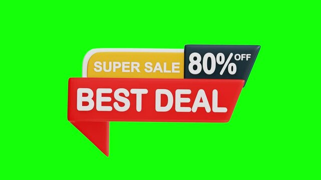 3D Greenscreen Video Animation Vibrant banner for Super Sale with 80% Off offers in red, yellow, and black. Perfect for promotions, discounts, or advertisements.