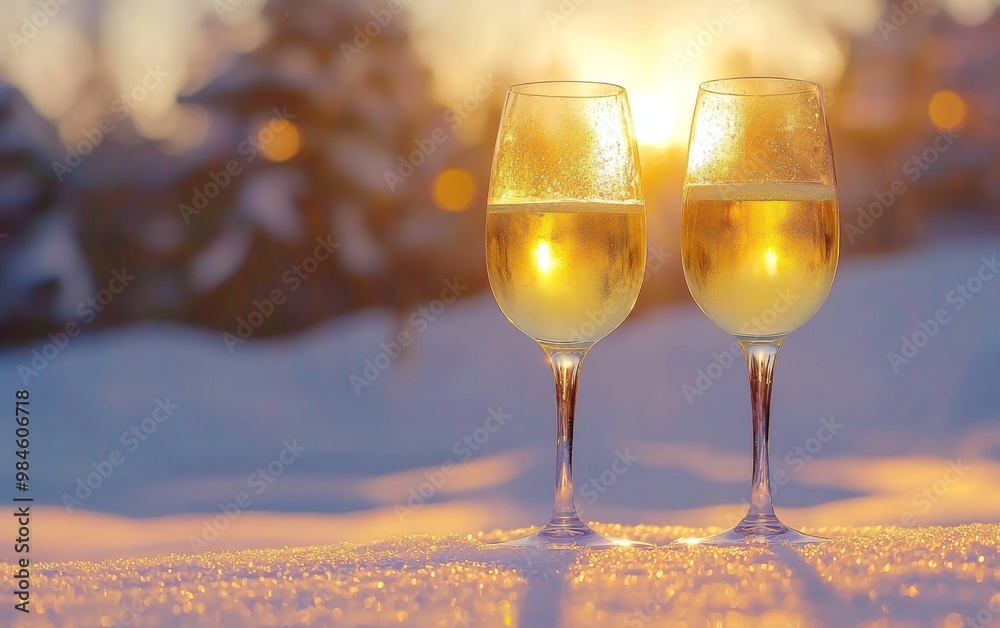 Sticker Champagne glasses filled with sparkling wine on snow with bokeh lights in the background, symbolizing festive celebration. Merry Christmas and Happy New Year.