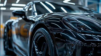 Close-up of a Black Sports Car's Front Wheel, Headlight, and Fender