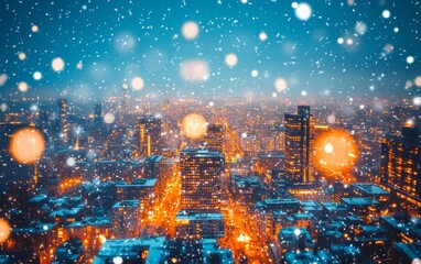 Fototapeta premium City skyline covered in snow with glowing streetlights during a winter snowfall, creating a festive urban landscape. Happy New Year.