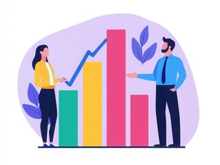 A colorful illustration showing a woman and a man discussing bar graphs, highlighting data analysis and business growth.