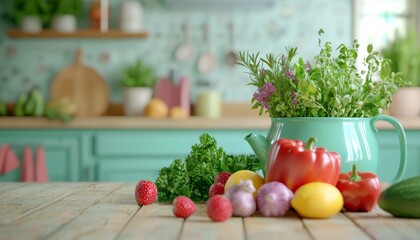 A vibrant kitchen with fresh produce on the wooden table, capturing the essence of home-cooked meals and healthy living.