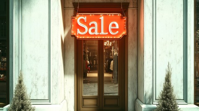 Entrada de una tienda con un letrero rojo brillante que anuncia "SALE", destacando entre los edificios del centro.