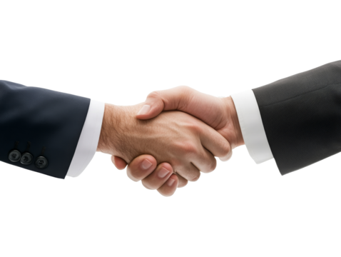 A businessman shaking hands with a client, wearing formal suits, isolated on transparent background