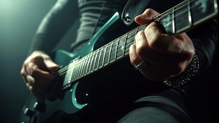 Close-up of a musician playing an electric guitar on stage during a live performance
