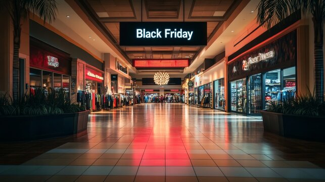 Un pasillo de centro comercial iluminado con letreros de "Black Friday", ofreciendo grandes ofertas en varias tiendas.