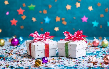 Two white gift boxes with red bows on a snowy surface, surrounded by colorful decorations and...