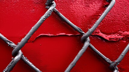 An abstract view of a metal fence contrasting with a dark red textured surface, representing strength and resistance.