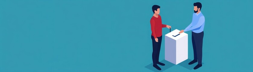 Obraz premium Two men exchanging a ballot at a polling station, symbolizing participation in elections and civic engagement.