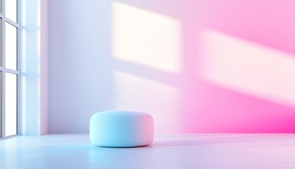 An elegant and minimalistic setting with a pastel ottoman, where light creates patterns on the walls, adding depth to the space.