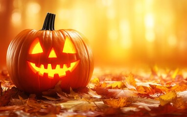 Glowing jack-o'-lantern on a wooden surface surrounded by autumn leaves, illuminated with a warm golden light