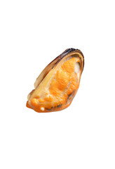 Top view of steamed or cooked delicious green mussel meat isolated  with clipping path in png file format