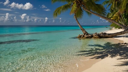 Tropical paradise with palm-lined beaches and turquoise waters.