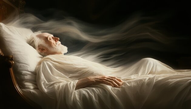 An old man lying in bed, surrounded by an aura of calmness, representing life's final chapter.