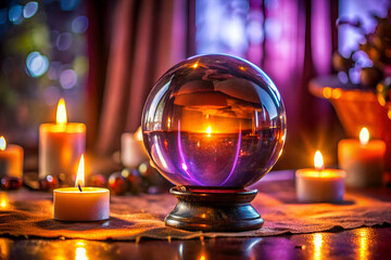 A crystal ball sits on a table next to several candles. The scene is warm and inviting, with the glowing candles casting a soft light on the table