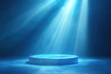 A tranquil underwater scene illuminated by soft blue light beams, featuring a circular platform in a serene atmosphere, perfect for various creative uses.