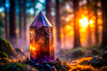 A large purple crystal is sitting on a mossy rock in a forest. The sun is setting, casting a warm glow over the scene. The crystal appears to be glowing in the sunlight, creating a sense of magic