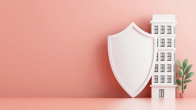 Business insurance policy, with office building and shield, 3D illustration, copy space for text,