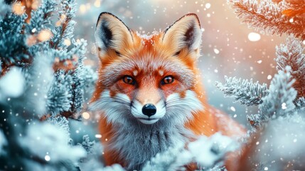 Fototapeta premium A red fox stands among snow-covered trees, with its fur beautifully framed by falling snowflakes in a winter forest.