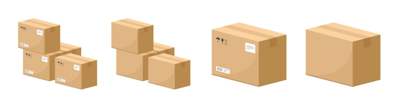 Carton delivery boxes pile stack icon 3d vector and cardboard single cut out isolated paper brown package parcel graphic illustration set, cargo freight mail isometric template image clip art   

