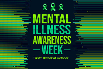 First full week of October is celebrated as Mental illness awareness week. Ribbons and text to spread awareness, typography background