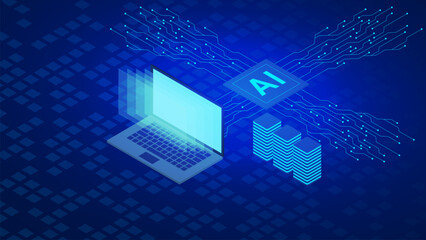 Artificial intelligence concept with laptop, server and digital microchip in isometric style on dark blue background.