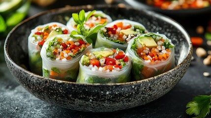 Fresh and colorful vegetable spring rolls in a bowl.