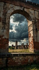 Urban ruins with a dramatic sky view through a wall.