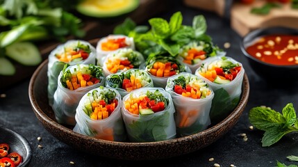 Fresh Vietnamese summer rolls with dipping sauce.
