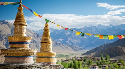 Buddhist stupas adorned with prayer flags, set against the backdrop of the stark Ladakhi landscape