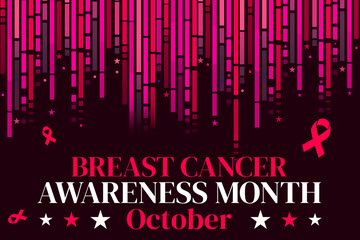 October is observed as Breast Cancer Awareness Month, red background with ribbons and text