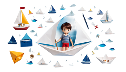  sailing little boy paper boat acrylic blue boat boy childhood sailboat sea captain cartoon cat children cloud dreamy explorer happiness happy hat house illustration journey children landscape ladder